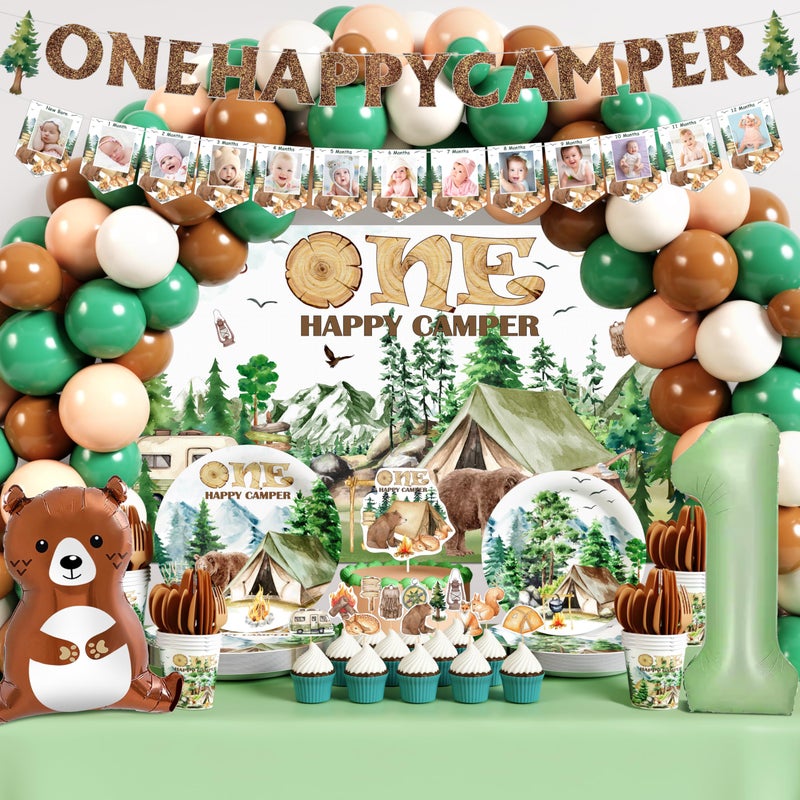 THAWAY One Happy Camper Birthday Decorations 187Pcs Camping 1st Birthday Party Supplies Green Brown Balloon Garland Arch Kit with Camper Banner Backdrop Monthly Photo Cake Toppers and Tableware for 16 Guests - Image 1