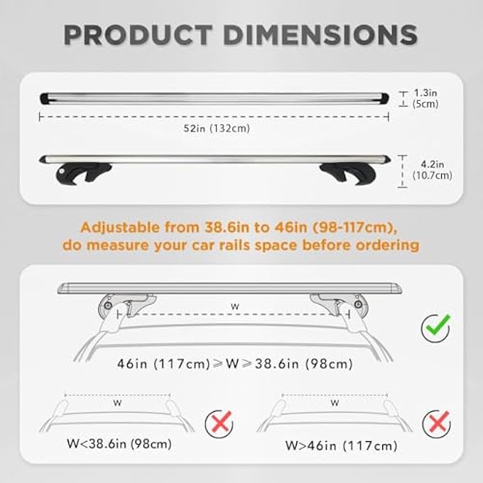 rayihni حامل سقف مع قضبان عرضية مع 4 أقفال مضادة للسرقة، حامل سقف من الألمنيوم شديد التحمل بطول 135 سم (سعة 90 كجم)، قضبان عرضية عالمية تناسب معظم المركبات/سيارات الدفع الرباعي ذات القضبان الجانبية المرتفعة، مجموعة واحدة من 2 - Image 3