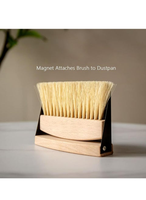 Mini Metal Dustpan & Brush Set: Wooden Handle, Portable for Countertop Cleaning.
