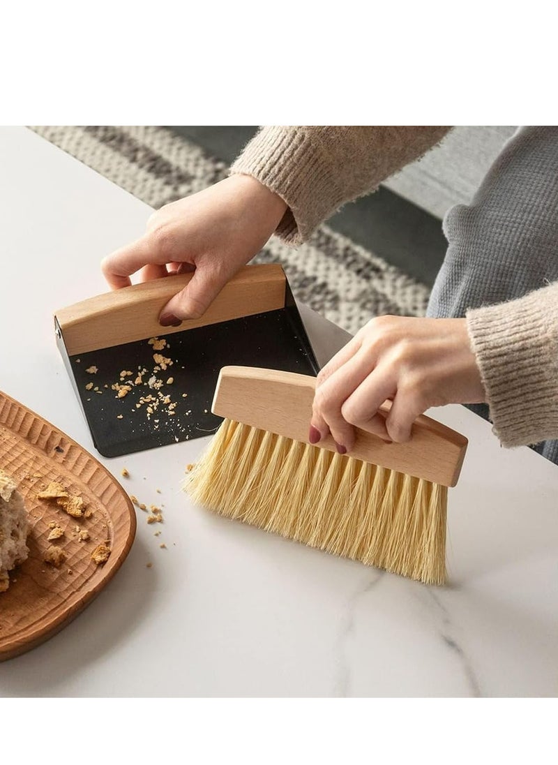 Mini Metal Dustpan & Brush Set: Wooden Handle, Portable for Countertop Cleaning.