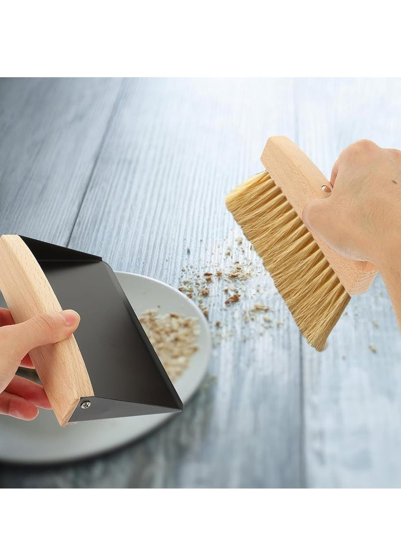 Mini Metal Dustpan & Brush Set: Wooden Handle, Portable for Countertop Cleaning.