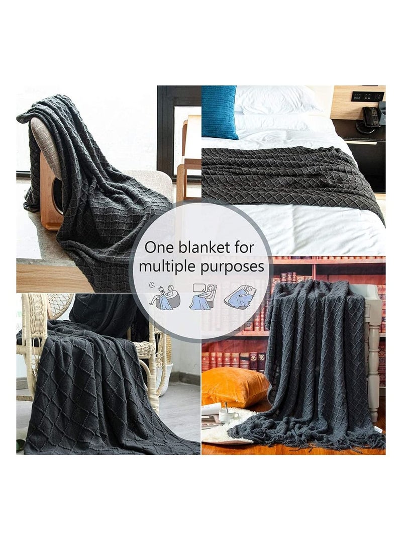 SYOSI - Acrylic Knitted Throw Blanket Lightweight and Soft Cozy Decorative Woven with Tassels for Travel Couch Bed Sofa Available All Year Round Dark Grey - Image 1