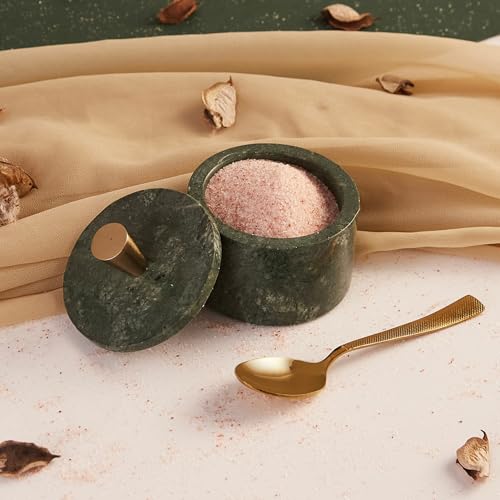 Queenza Marble Salt Cellar with Lid and Brass Knob (Green) - Image 2