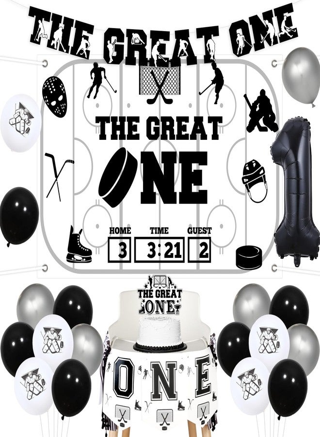 Balterever Ice Hockey 1st Birthday Decorations for Boy the Great One Hockey Banner Backdrop 1st Bday Cake Topper High Chair Banner the Great One Birthday Party Supplies for Sports Party Supplies - Image 1