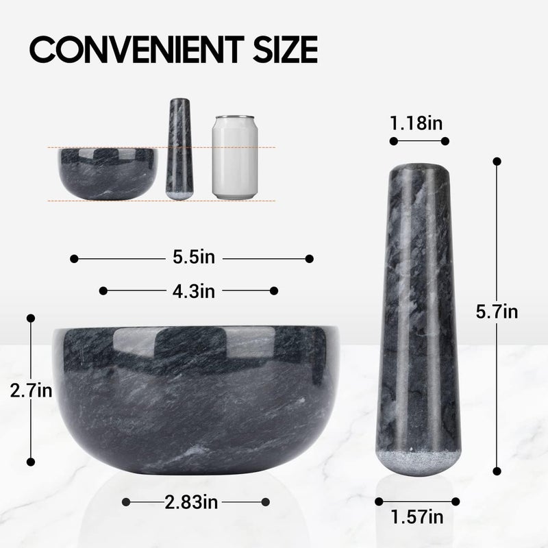 Tera Marble Mortar and Pestle Set Large Solid Stone Grinder Spice Herb Grinder Pill Crusher (Black, Diameter 5.5") - Image 2