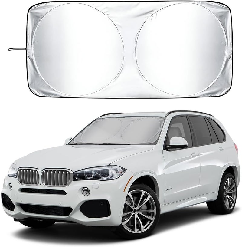 MUQIDA Car Windshield Sun Shade with Storage Pouch, Foldable Automotive Window Sunshade Reflective Screen Visor Protector, Vehicle Visor Shield Cover for UV Rays and Sun Heat Protection (63"×33.5") - Image 1