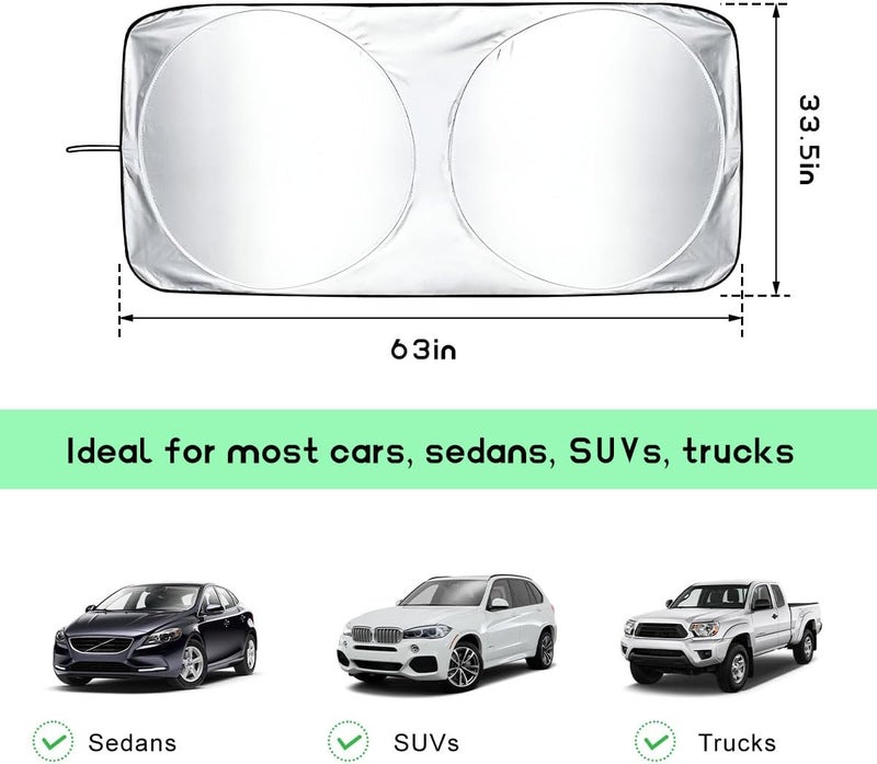 MUQIDA Car Windshield Sun Shade with Storage Pouch, Foldable Automotive Window Sunshade Reflective Screen Visor Protector, Vehicle Visor Shield Cover for UV Rays and Sun Heat Protection (63"×33.5") - Image 2