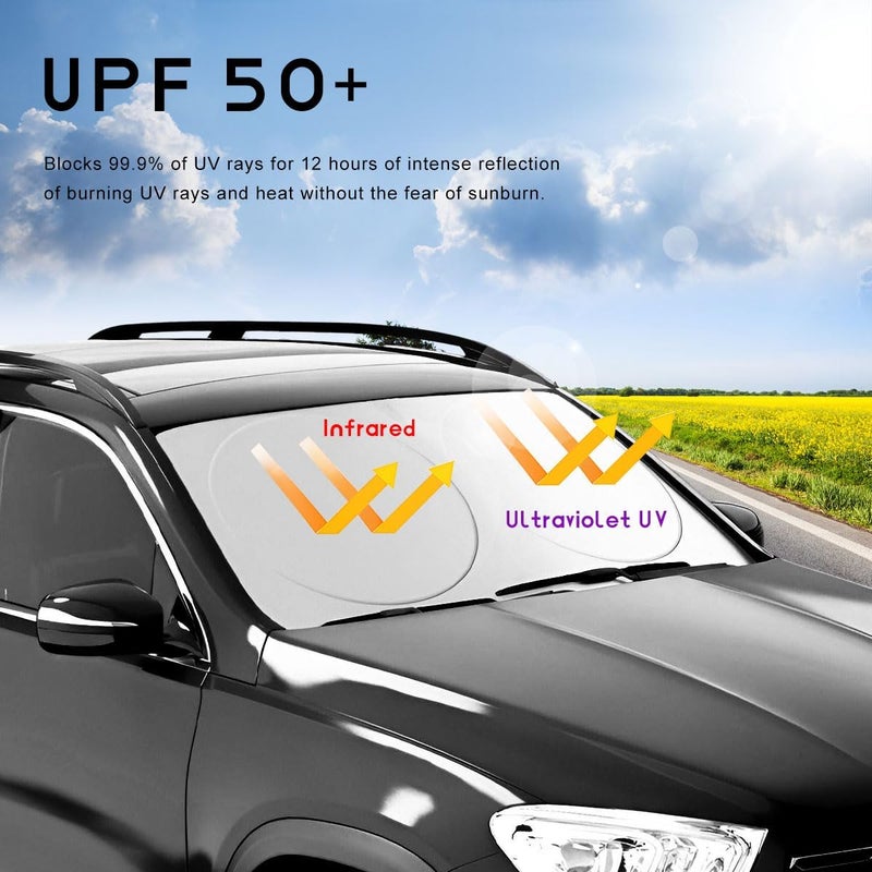 MUQIDA Car Windshield Sun Shade with Storage Pouch, Foldable Automotive Window Sunshade Reflective Screen Visor Protector, Vehicle Visor Shield Cover for UV Rays and Sun Heat Protection (63"×33.5") - Image 4