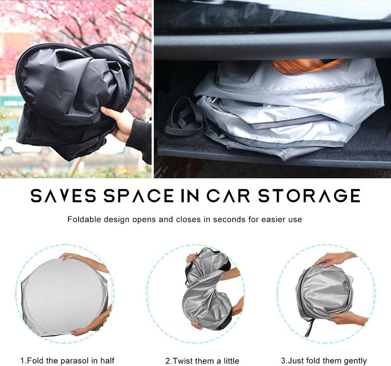 MUQIDA Car Windshield Sun Shade with Storage Pouch, Foldable Automotive Window Sunshade Reflective Screen Visor Protector, Vehicle Visor Shield Cover for UV Rays and Sun Heat Protection (63"×33.5") - Image 3