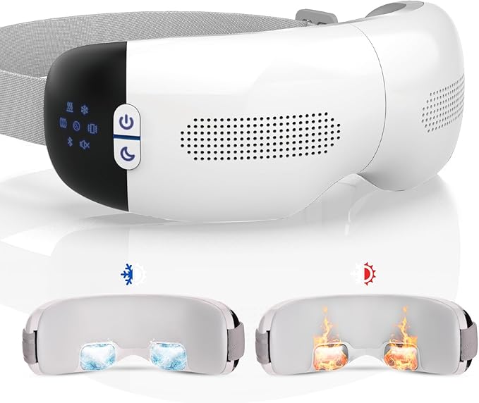Hubdic جهاز تدليك العين HubiCare مع أقنعة تبريد حرارية 3D وسادة هوائية تدليك اهتزازي للتخلص من الهالات السوداء والانتفاخات والصداع النصفي مع موسيقى بلوتوث باللون الأسود غير اللامع - Image 1