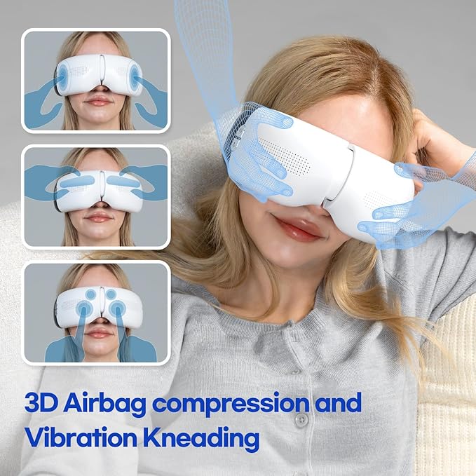 Hubdic جهاز تدليك العين HubiCare مع أقنعة تبريد حرارية 3D وسادة هوائية تدليك اهتزازي للتخلص من الهالات السوداء والانتفاخات والصداع النصفي مع موسيقى بلوتوث باللون الأسود غير اللامع - Image 3