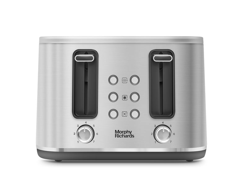 Morphy Richards Motive 4 Slice Toaster, Browning Controls, Reheat, Cancel and Defrost Settings, Bread Lever, Removable Crumb Tray, Electromagnet Cover, 1600W, Brushed Steel, 242800 - Image 1