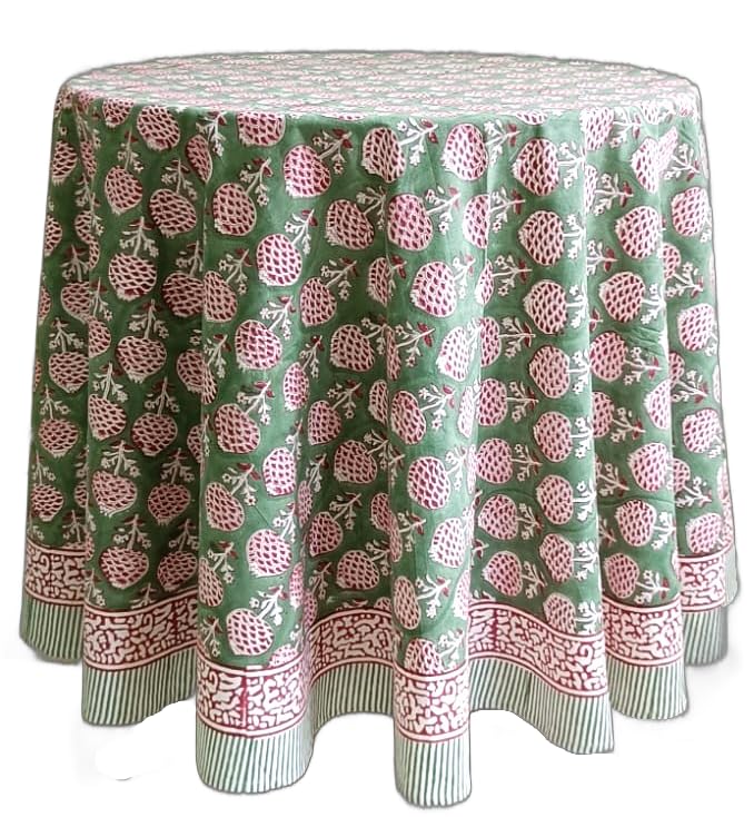 Atosii Roma Green 100% Cotton Round Tablecloth  Handblock Print Floral Table Cloth For Kitchen Dining Linen I Parties  Weddings  Outdoors  Spring Summer Decor I 72"" Inches Round - Image 1