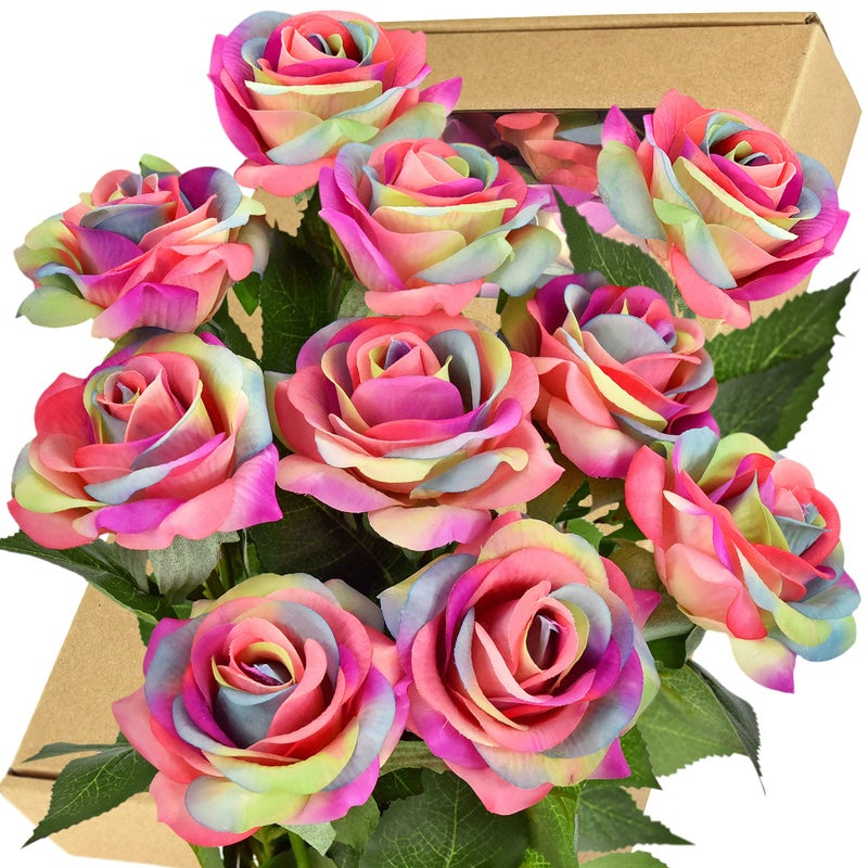 FiveSeasonStuff 10 Stems Real Touch Roses Artificial Flower Silk Roses Petals Feel and Look like Fresh Roses Bouquet of Flowers Floral Arrangements Rainbow 17