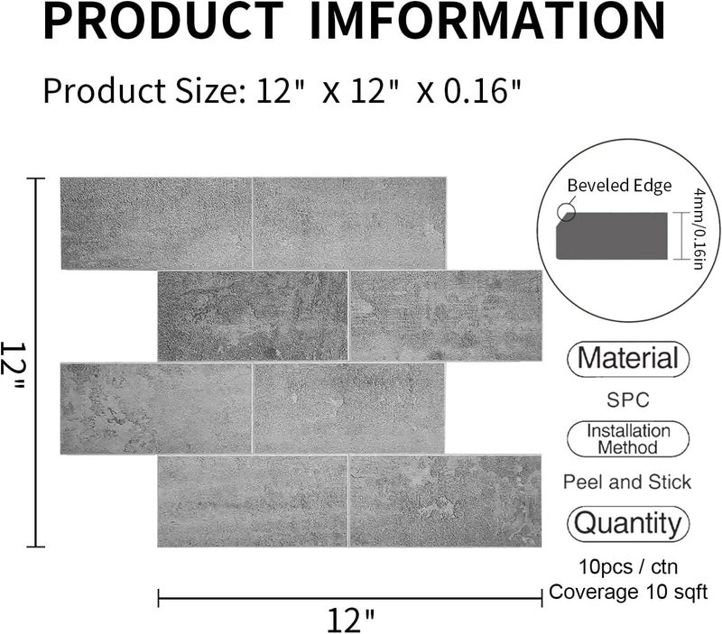 COLAMO Luxury 10PCS Peel and Stick Backsplash, Medium Gray Peel and Stick Wall Tile for Kitchen Backsplash, Faux Stone Large Subway Tile Stick on Backsplash for Bathroom,RV,Accent Wall - Image 2