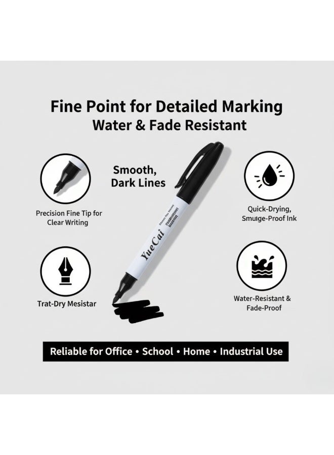 Yue Cai 12-Piece Permanent Markers – Fine Point Waterproof Markers for Writing, Drawing, Labeling & Art – Quick Dry, Smudge-Proof, Fade-Resistant Ink for Paper, Plastic, Metal, Glass & Wood - Black - Image 2