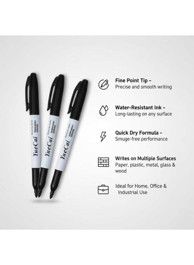 Yue Cai 12-Piece Permanent Markers – Fine Point Waterproof Markers for Writing, Drawing, Labeling & Art – Quick Dry, Smudge-Proof, Fade-Resistant Ink for Paper, Plastic, Metal, Glass & Wood - Black - Image 4