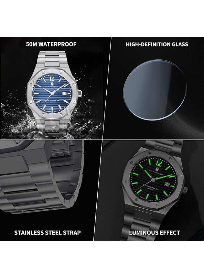 Sapphero Watch Men Automatic Mechanical Watches for Men Date Luxury Analog 50 Meters Waterproof Business Sports Stainless Steel Strap Gifts - Image 4