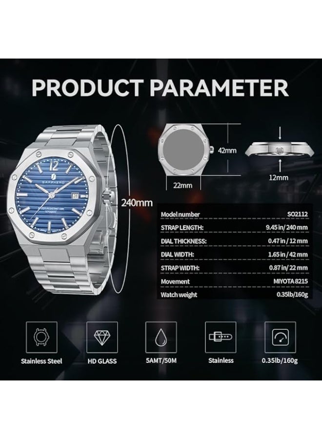 Sapphero Watch Men Automatic Mechanical Watches for Men Date Luxury Analog 50 Meters Waterproof Business Sports Stainless Steel Strap Gifts - Image 5
