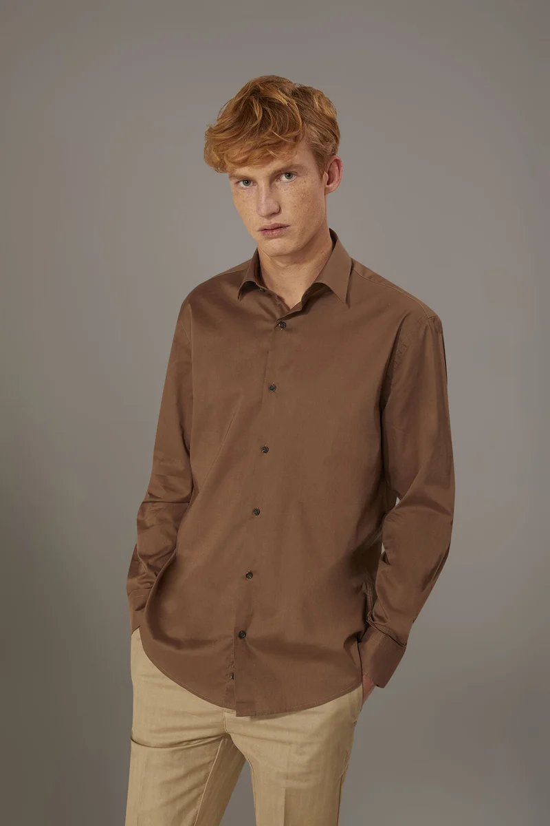 Casual shirt french collar comfort fit cotton mussola fabric - LT Brown