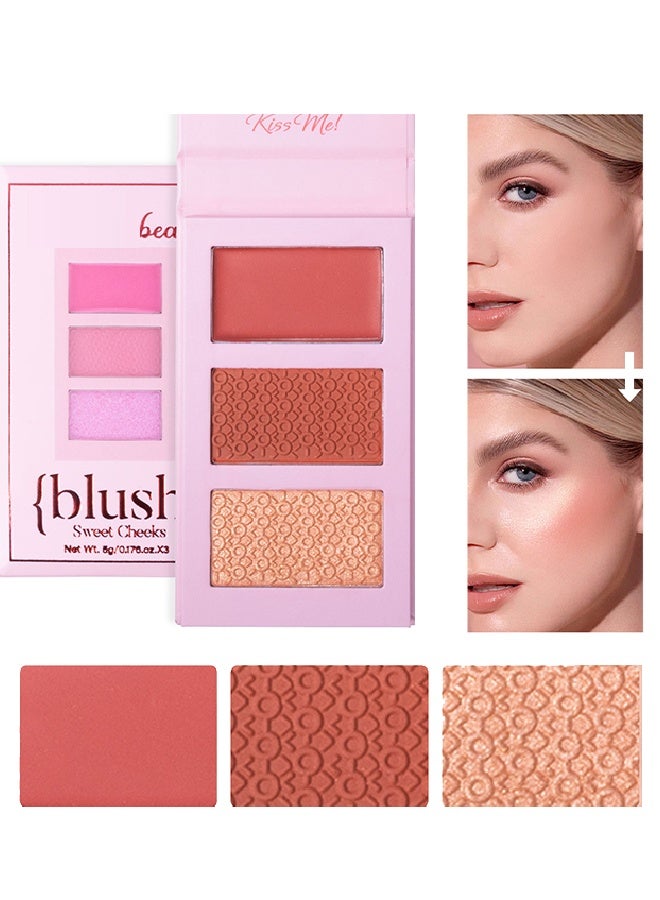 Julystar 3 Color Sweet Cheeks Blush-3 Colors Facial Blush Palette, 1 Piece Multi Purpose Blusher Facial Highlighter Contour Makeup Palette, Matte Shimmer Pearly Blusher Palette - Image 1
