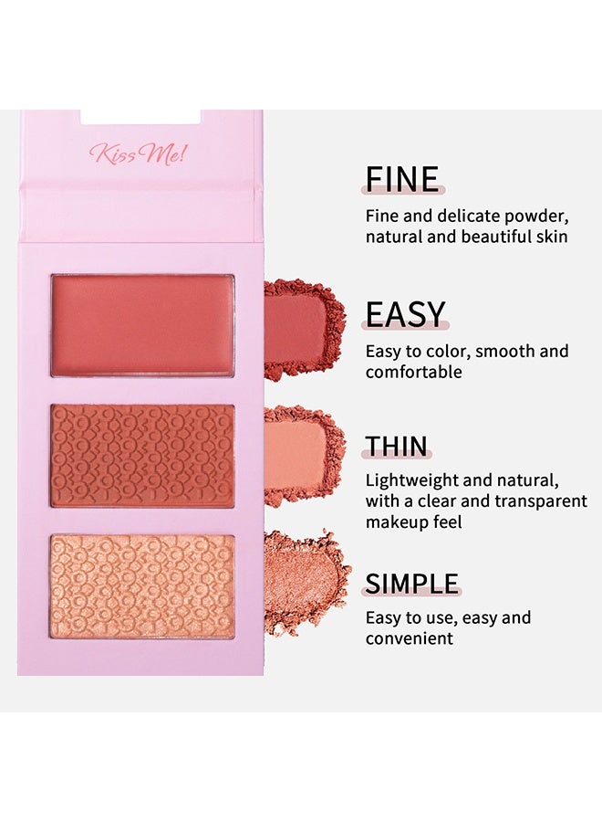 Julystar 3 Color Sweet Cheeks Blush-3 Colors Facial Blush Palette, 1 Piece Multi Purpose Blusher Facial Highlighter Contour Makeup Palette, Matte Shimmer Pearly Blusher Palette - Image 4