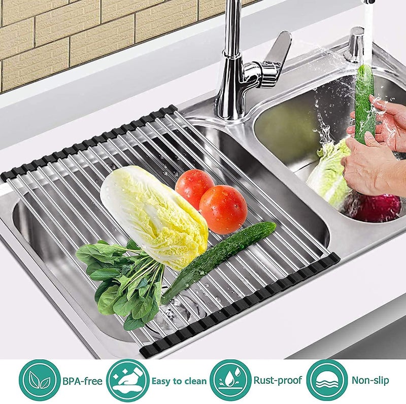 GLOBAL LOCAL GLOBAL LOCAL Foldable Multipurpose Rollup Stainless Steel Kitchen Organiser Utensil Wash Stand Drain Board Colander Mat and Dry Dishes Organizer 9 Pipe 46x23 Cm Black 1 - Image 2