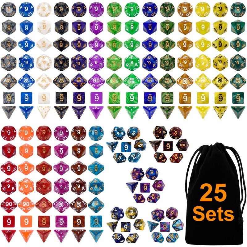 Awpeye DND Double-Colors Polyhedron Dice Set for Dungeons and Dragons D&D RPG MTG Table Games D4 D6 D8 D10 D% D12 D20 25 Colors Dice with 1 Large Flannel Bag, 25 x 7 (175 Pieces) - Image 1