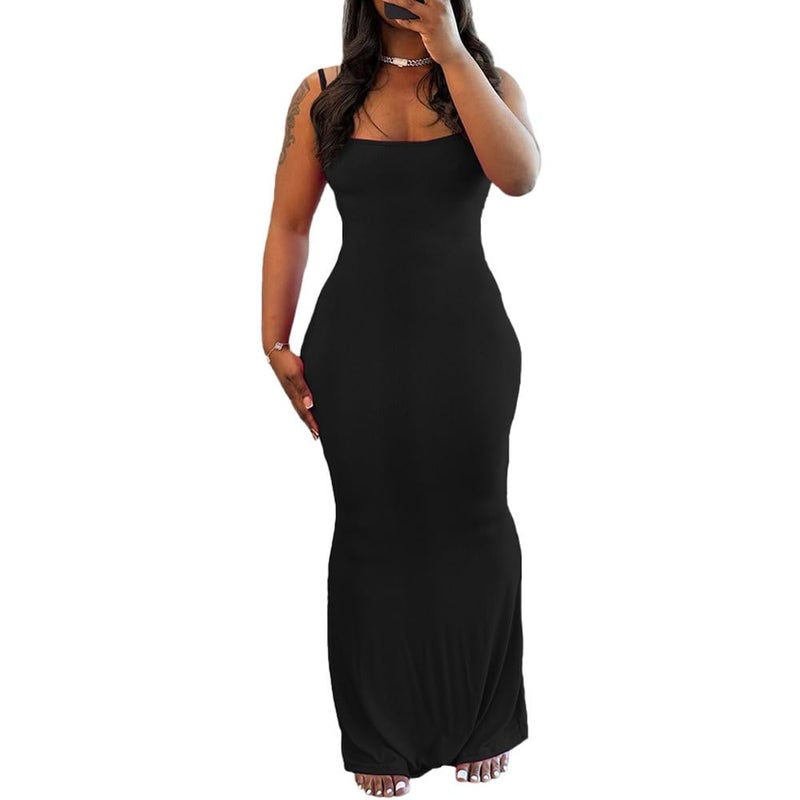 PINSV Women Summer Long Dress Casual Slip Sexy Sleeveless Bodycon Maxi Dresses for Women Black L - Image 5