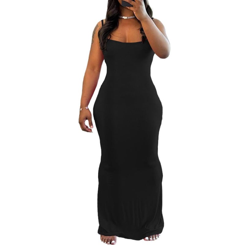 PINSV Women Summer Long Dress Casual Slip Sexy Sleeveless Bodycon Maxi Dresses for Women Black L - Image 3
