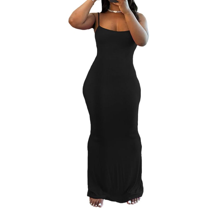 PINSV Women Summer Long Dress Casual Slip Sexy Sleeveless Bodycon Maxi Dresses for Women Black L - Image 1