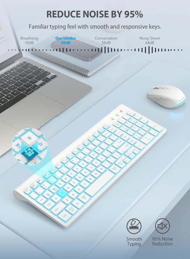 SABLUTE Wireless Keyboard and Mouse Combo Backlit - Compact Silent Keyboard with RGB Mouse, Rechargeable, Slim, Sleep Mode, Portable Cordless Keyboard Mouse Set for Mac, Windows, Laptop (Polar White) - Image 5