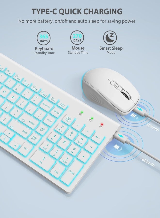 SABLUTE Wireless Keyboard and Mouse Combo Backlit - Compact Silent Keyboard with RGB Mouse, Rechargeable, Slim, Sleep Mode, Portable Cordless Keyboard Mouse Set for Mac, Windows, Laptop (Polar White) - Image 4