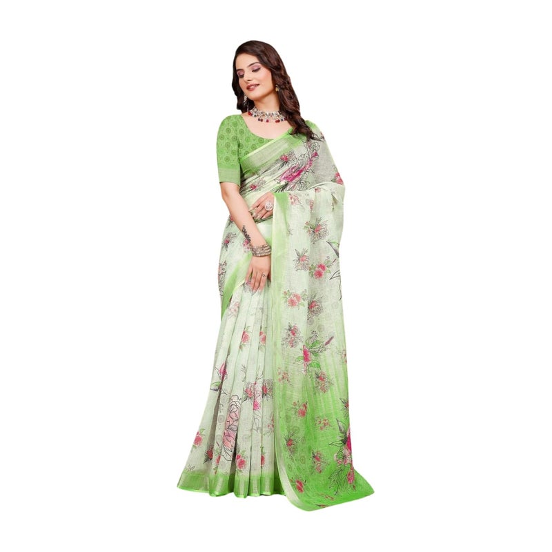 Sidhidata Women's Digital Printed Cotton Linen Blend Saree with Unstitched Blouse Piece in Pista Multicolor - Image 1