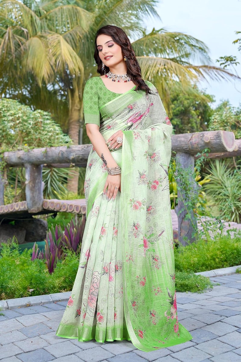 Sidhidata Women's Digital Printed Cotton Linen Blend Saree with Unstitched Blouse Piece in Pista Multicolor - Image 2