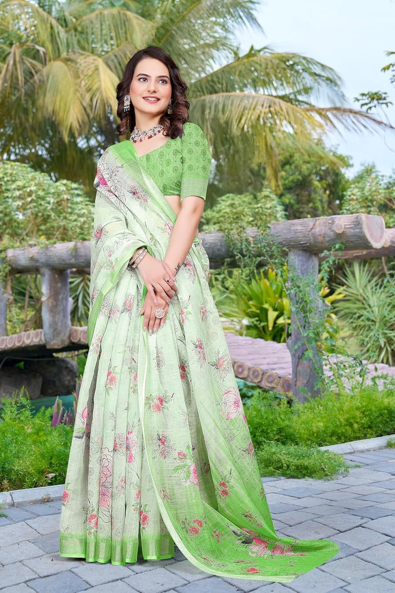 Sidhidata Women's Digital Printed Cotton Linen Blend Saree with Unstitched Blouse Piece in Pista Multicolor - Image 4