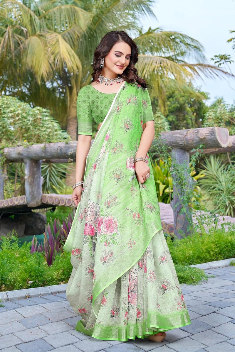 Sidhidata Women's Digital Printed Cotton Linen Blend Saree with Unstitched Blouse Piece in Pista Multicolor - Image 3
