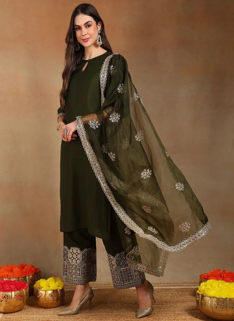 ZERESOUQ Olive Silk Blend Solid Straight 3-Piece Palazzo Suit Set