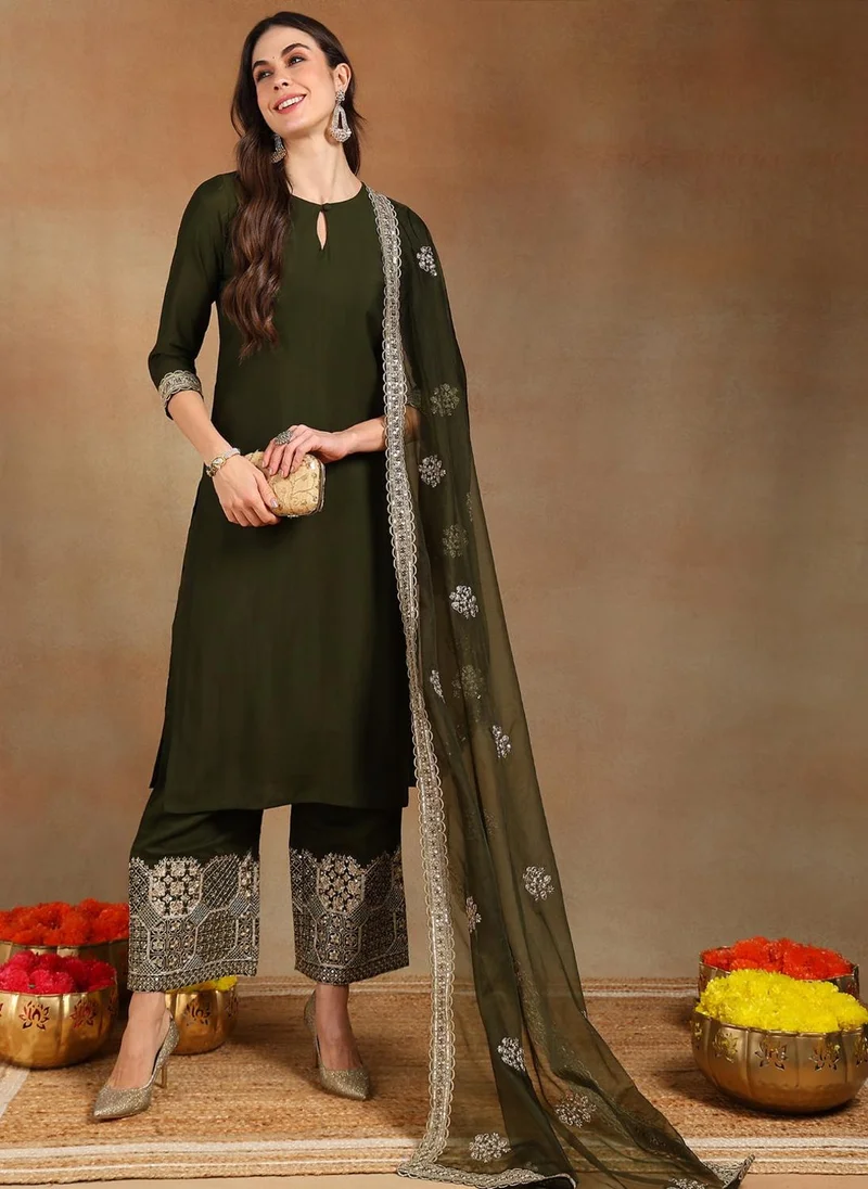 ZERESOUQ Olive Silk Blend Solid Straight 3-Piece Palazzo Suit Set