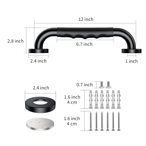 ZUEXT 12 Inch Black Shower Grab Bar w/Anti Slip Rubber Grip, ZUEXT Stainless Steel Bath Grab Bar, Bathroom Balance Bar, Wall Mount Safety Handrail Support, Handicap Injury Elderly Senior Assist Handle - Image 2