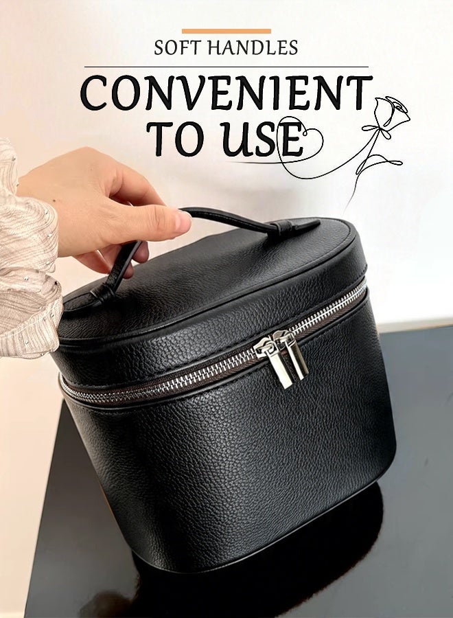 Furlale Travel Makeup Bag  Capacity with Compartments & Handle, PU Leather Cosmetic Organizer for Women, Portable Toiletry Storage for Skincare & Travel（Black） - Image 5