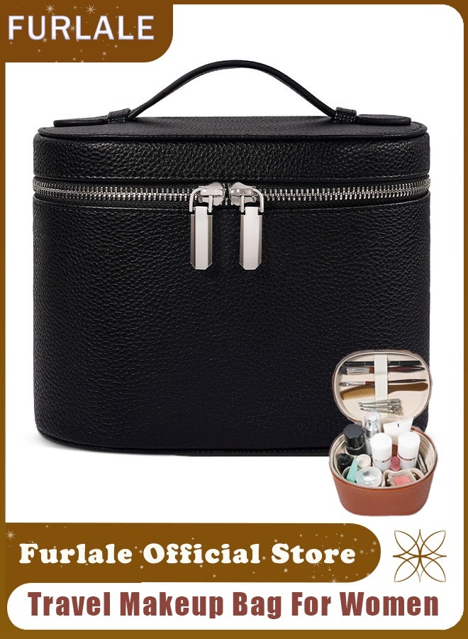 Furlale Travel Makeup Bag  Capacity with Compartments & Handle, PU Leather Cosmetic Organizer for Women, Portable Toiletry Storage for Skincare & Travel（Black） - Image 1