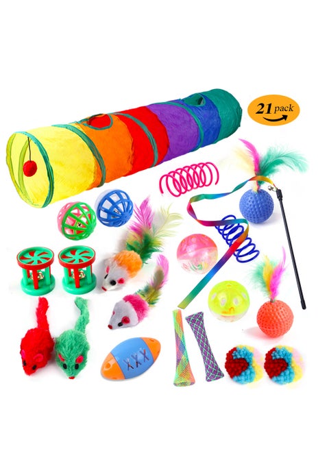 21 Pcs Cat Toy,Cat Tunnels,Cat Plush Mice，Cat Balls Toys for Indoor Cats,Cat Wand,Catnip Kitten Toys Cat Crinkle Balls,Cat Stuff