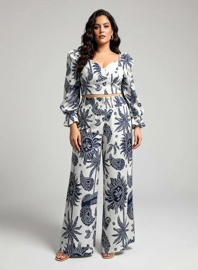 Take Two Plus Size Multi-Color Graphic Print Crop Top and Wide Leg Pants Set