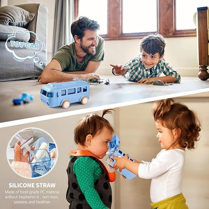 TORT Bus Water Bottle for Kids With Strap, Sipper, & Straw | Leakproof, BPA Free With Lock, 500 Ml | Cute Bus Shaped Bottle (BLUE) - Image 2
