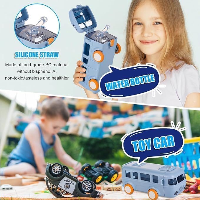 TORT Bus Water Bottle for Kids With Strap, Sipper, & Straw | Leakproof, BPA Free With Lock, 500 Ml | Cute Bus Shaped Bottle (BLUE) - Image 5