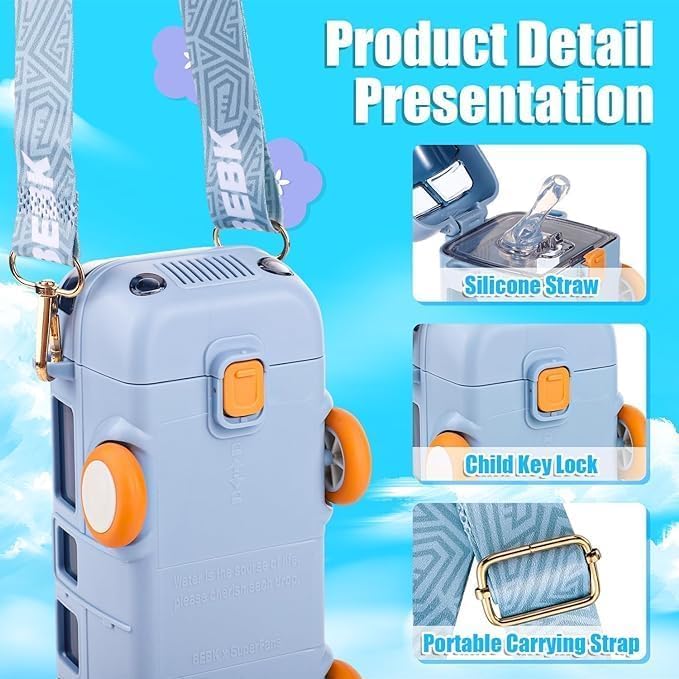 TORT Bus Water Bottle for Kids With Strap, Sipper, & Straw | Leakproof, BPA Free With Lock, 500 Ml | Cute Bus Shaped Bottle (BLUE) - Image 4