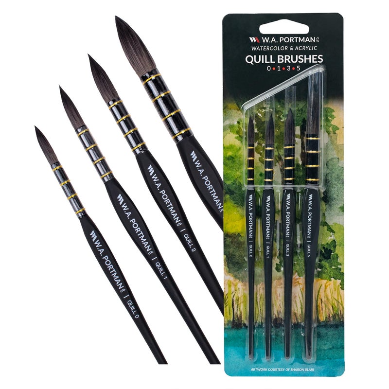 W.A. Portman WA Portman Quill Round Watercolor Brushes Professional 4pc Set â€“ 100% Vegan, Cruelty-Free Synthetic Squirrel Hair Watercolor Brushes Set with Triangular Comfort Grip â€“ Precision Art Brush for Artists - Image 1