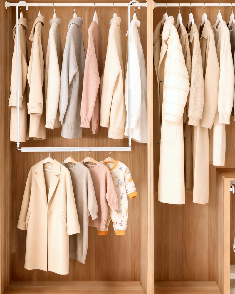 Tiemlet Hanging Closet Rod, Adjustable Height & Width Closet Rods for Hanging Clothes-Closet Extender Hanging Rod Space-Maximizing Design Suitable for Hanging and Drying Clothes, White - Image 2
