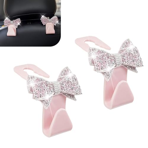 Qurbuns 2 PCS Bling Car Seat Headrest Hooks S Type Crystal Rhinestone Bow Vehicle Seat Back Storage Hooks for Purses Bags Groceries Universal Diamond Car Rear Seat Organizer Pink - Image 1